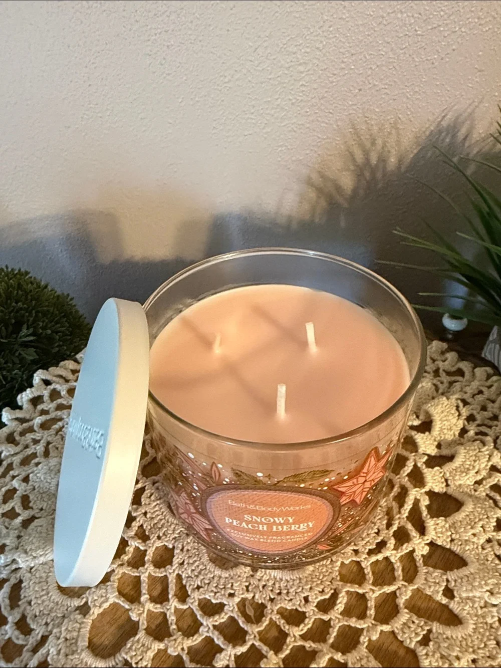 Bath & Body Works Snowy Peach Berry Candle - Peach, White, Gold Accents - Picture 3 of 4